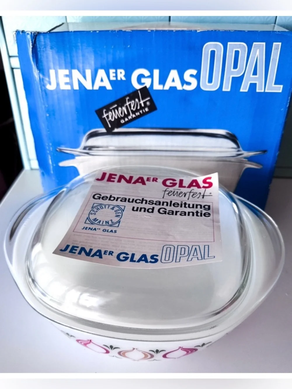 Schott Mainz Jena Glas Opal Onion Casserole Lid Vintage Germany 1960s w/ Box